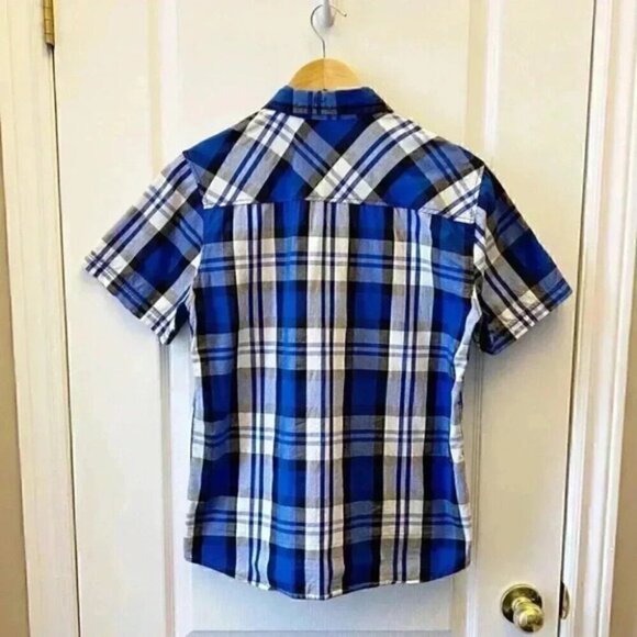 Dickie’s Button Front Shirt Short Sleeves Blue Grey White Plaid Boys Large - Picture 4 of 14